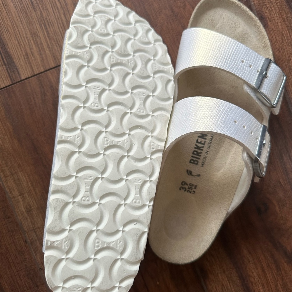 Birkenstock White Sandals with Silver Buckles - Picture 3 of 4